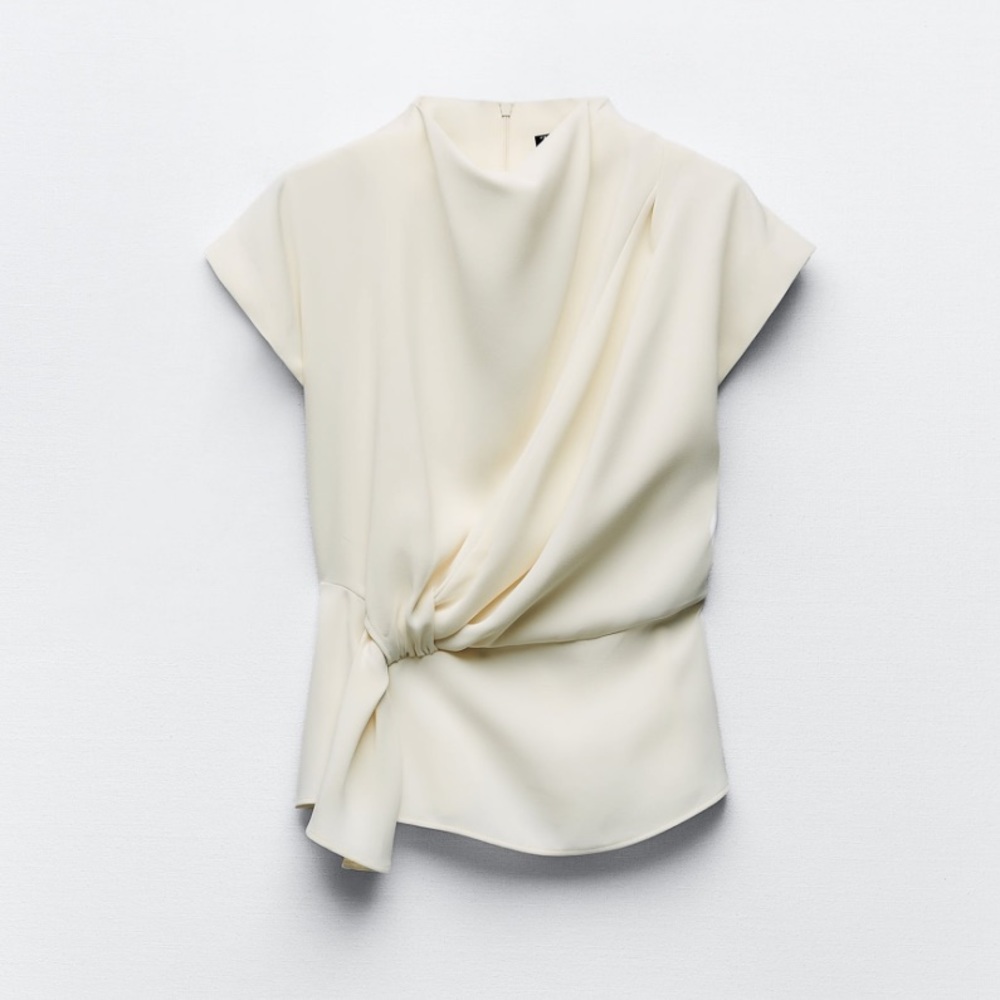 Ruched waist feminine crepe top in white NEW